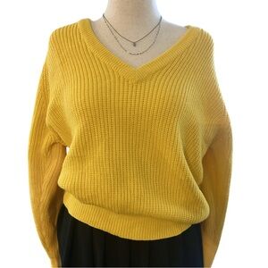 Sunny Yellow Vintage Knit Sweater V Neck Oversized Cozy Cottagecore Retro